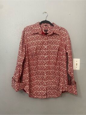 Talbots Burgundy and White Scroll Print Blouse button down casual  cotton 14W
